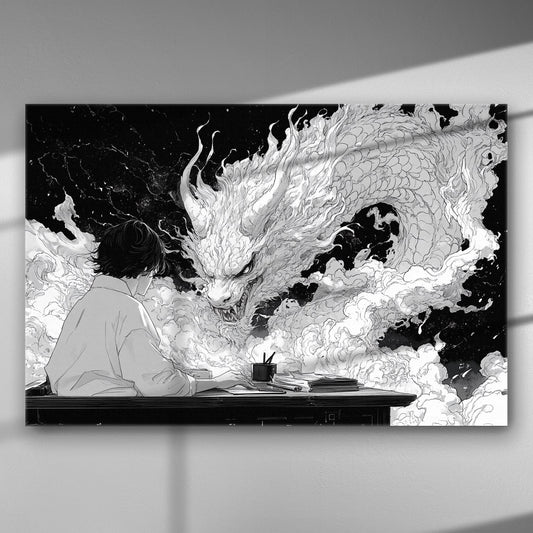 Black and white artwork of a person sitting at a desk facing a mythical dragon in clouds.