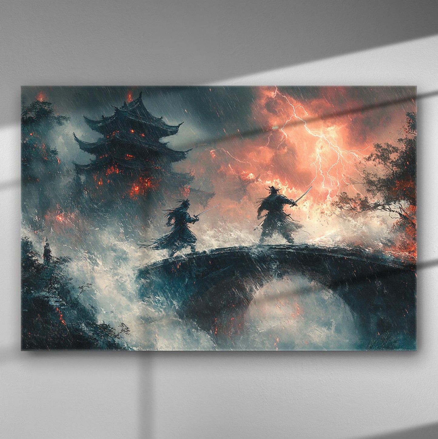Samurai warriors on a bridge during a storm with lightning and pagoda in the background.