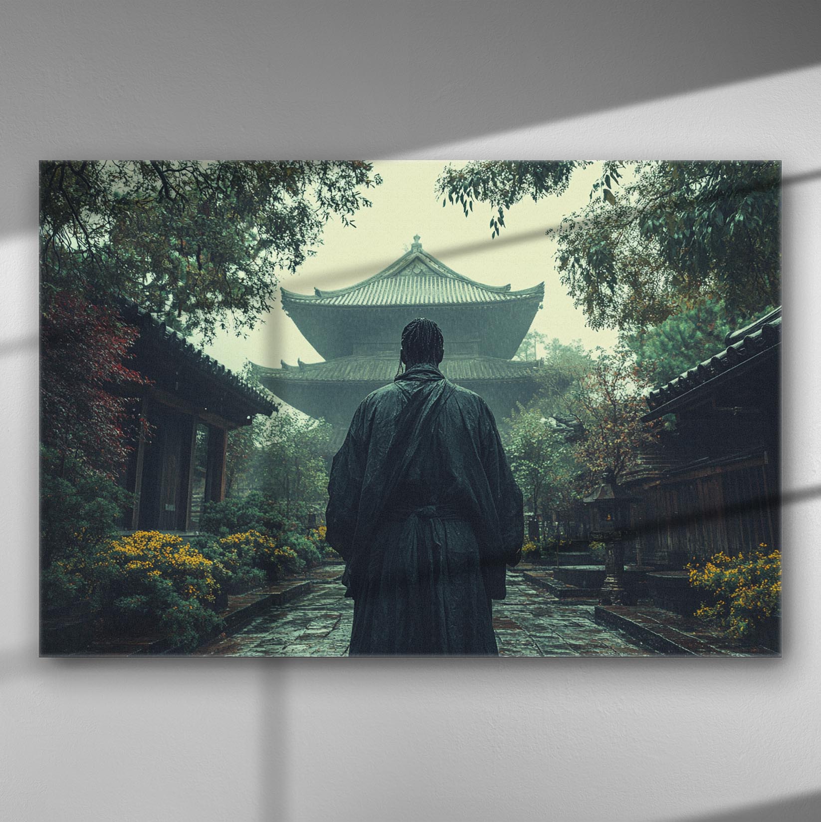 A figure standing in front of a traditional Japanese temple surrounded by trees.