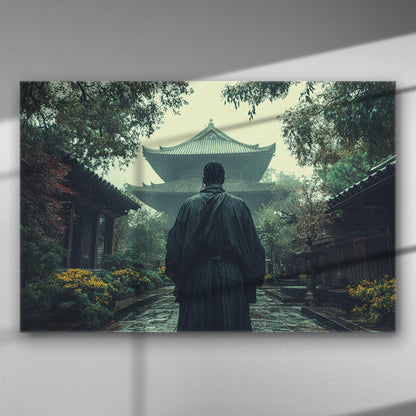 A figure standing in front of a traditional Japanese temple surrounded by trees.