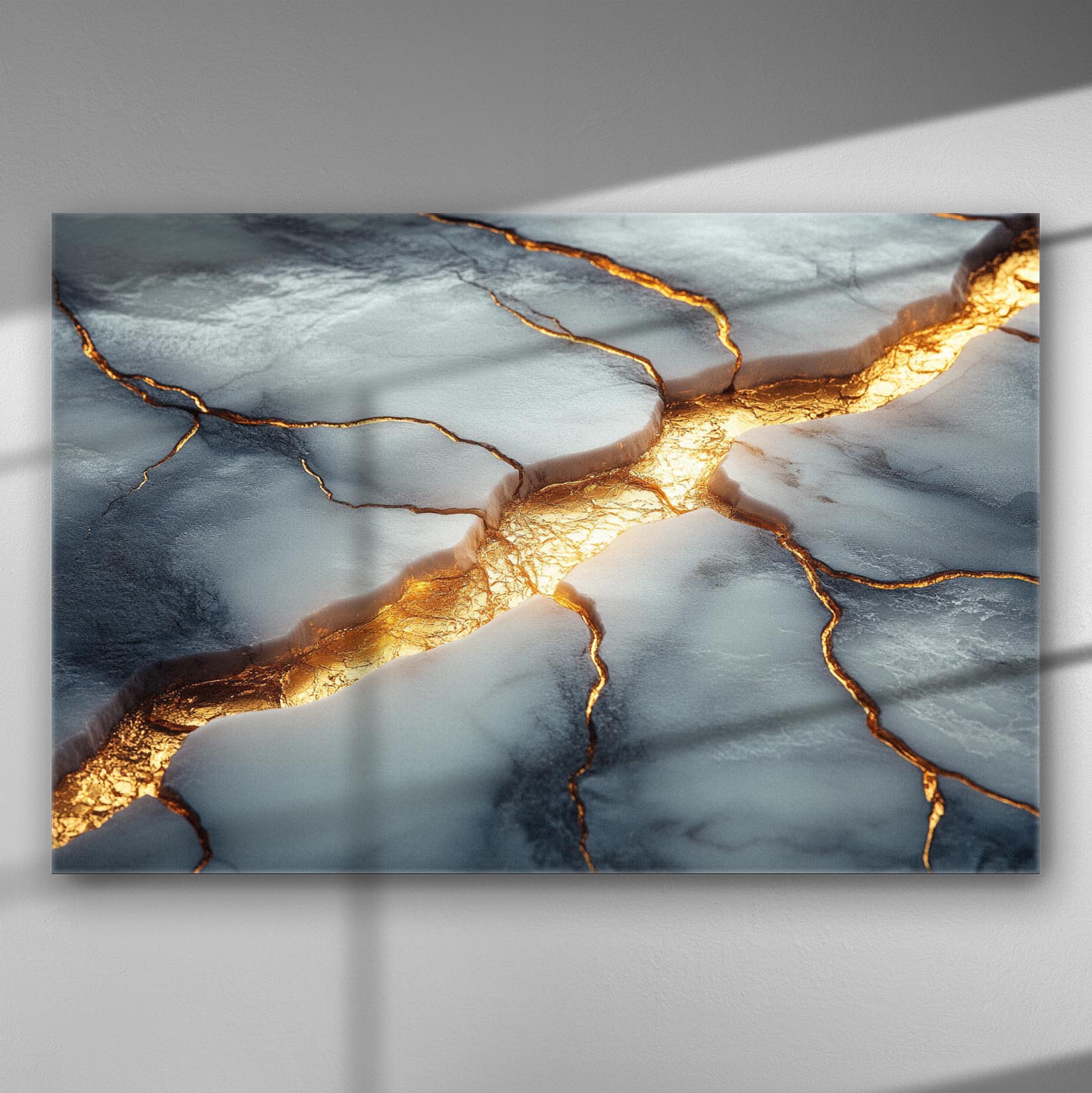 Marble texture canvas print with a golden crack running through it, creating a contrast between the cool stone and warm gold.