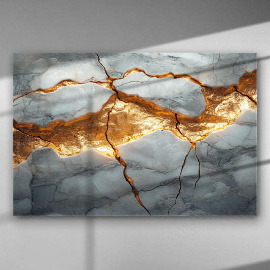 Golden cracks on marble canvas with cracked texture and metallic accents.