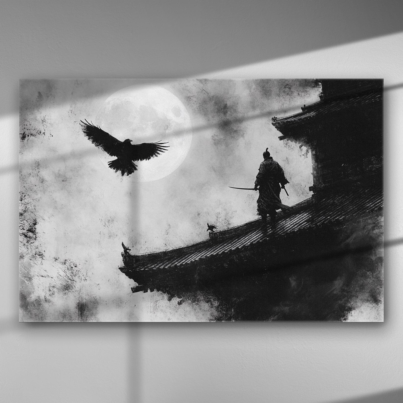 Samurai on a Japanese roof with a crow flying under the moonlight, black and white art.
