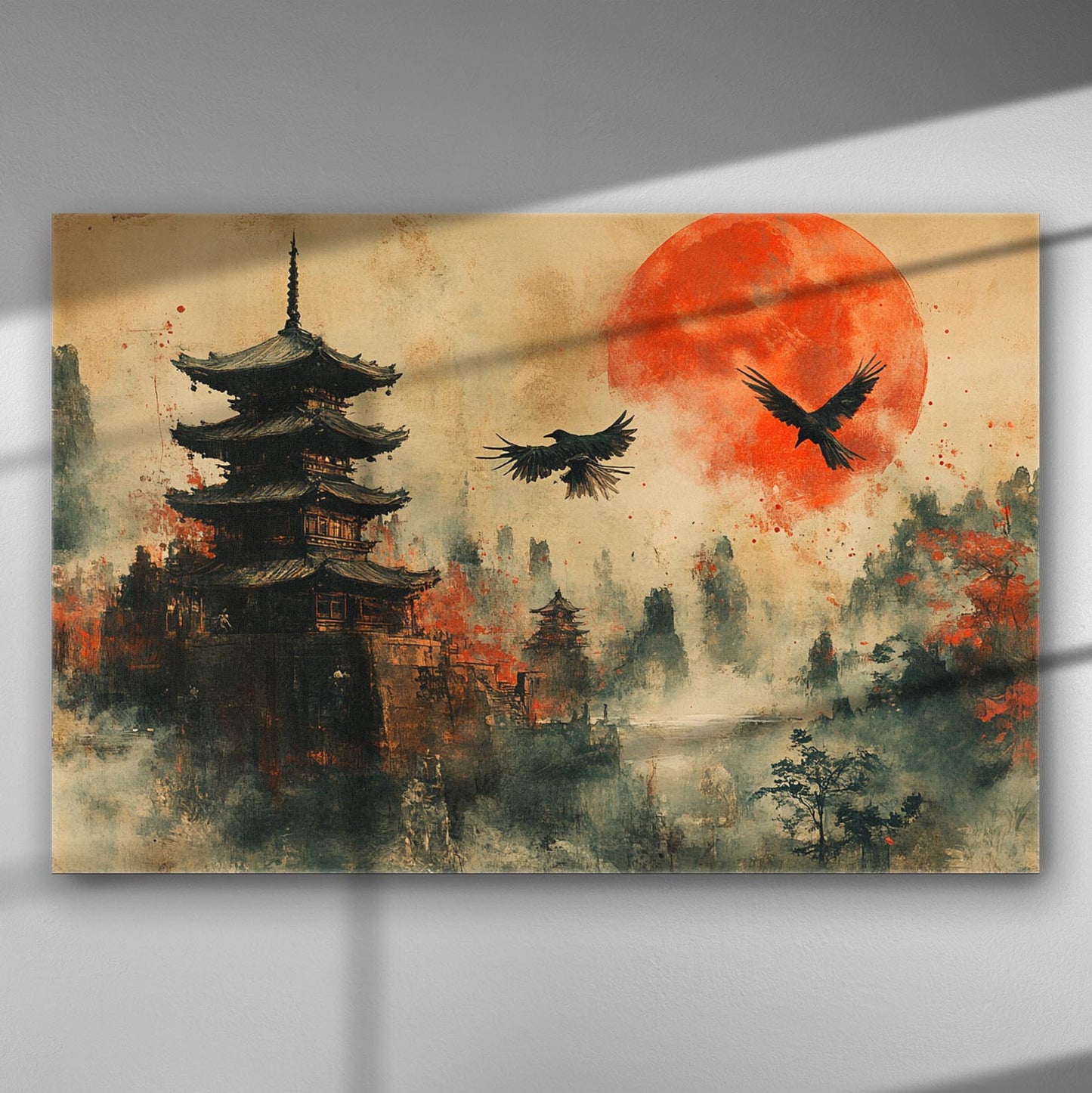 Japanese pagoda and flying ravens against a red sun in a mystical landscape, canvas art.