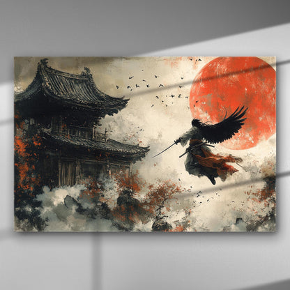 A samurai with wings flying in front of a traditional Japanese building under a red moon.