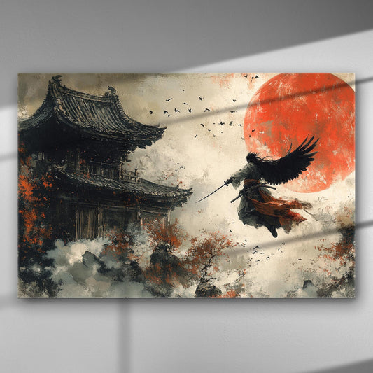 A samurai with wings flying in front of a traditional Japanese building under a red moon.