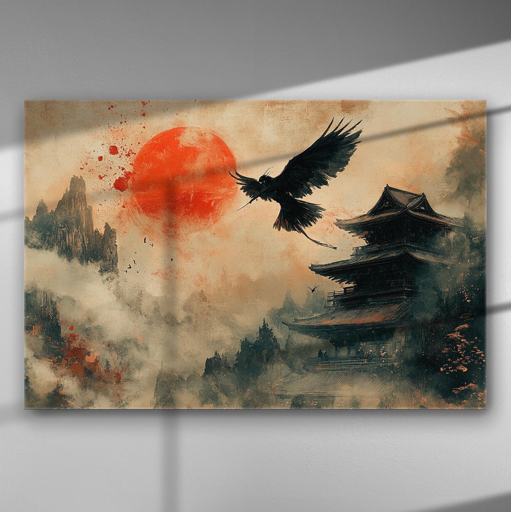 Japanese style artwork with a black crow flying over a traditional temple and red sun in the background.