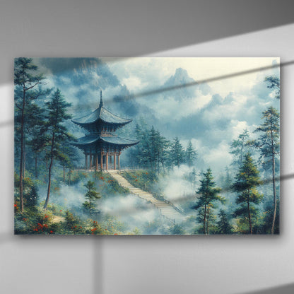 Image of an Eastern temple amidst misty trees, creating a serene landscape.
