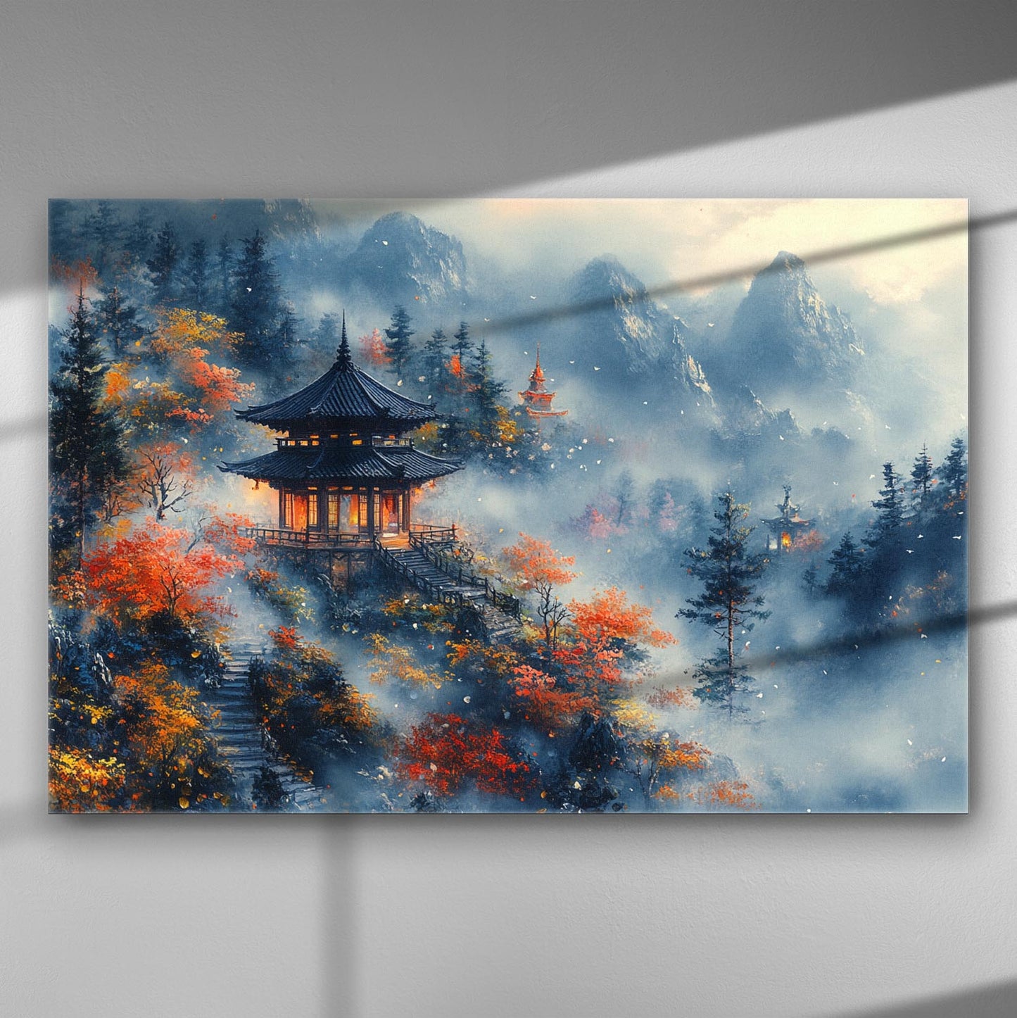 Canvas print of a traditional pagoda amidst misty autumn landscape with colorful trees and distant mountains.