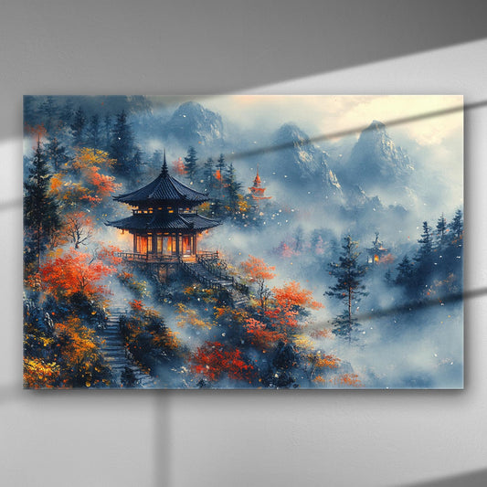 Canvas print of a traditional pagoda amidst misty autumn landscape with colorful trees and distant mountains.