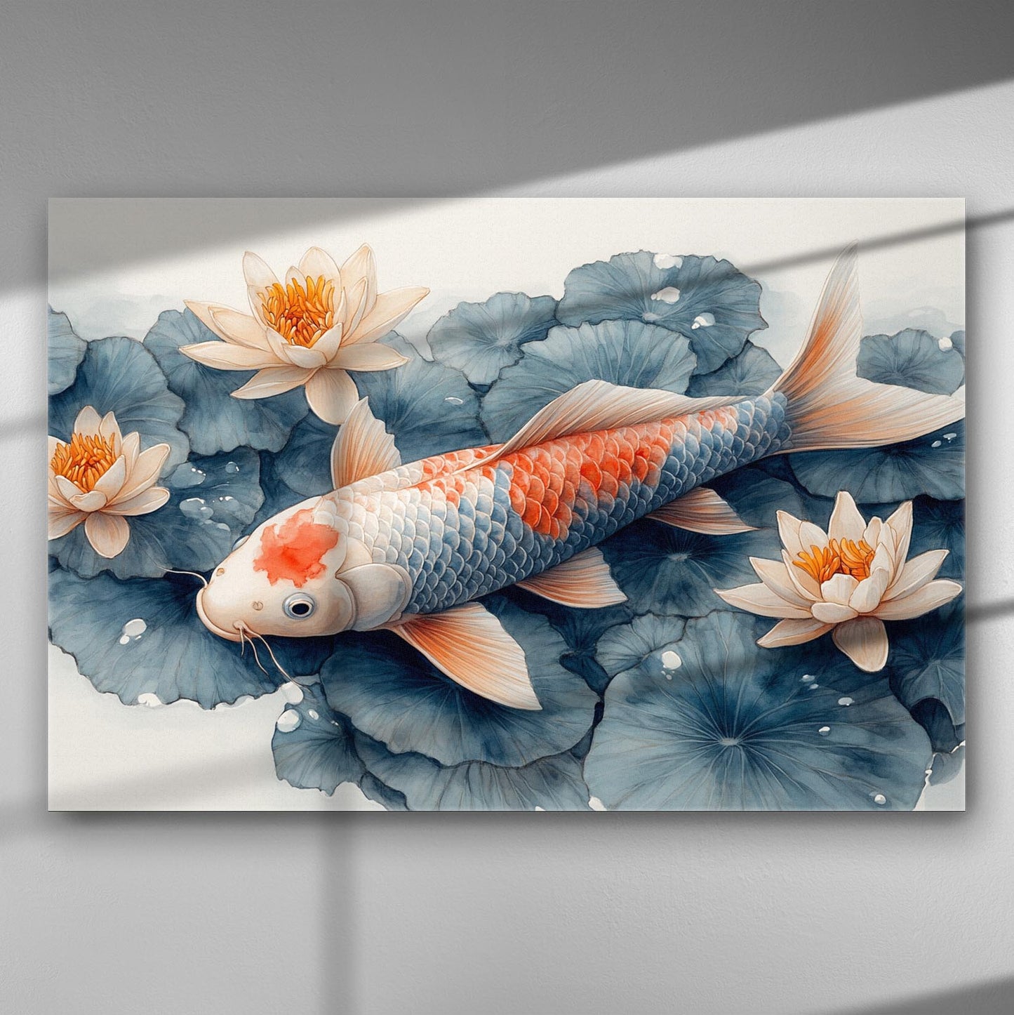 Serene Koi fish swimming among water lilies on a canvas print.