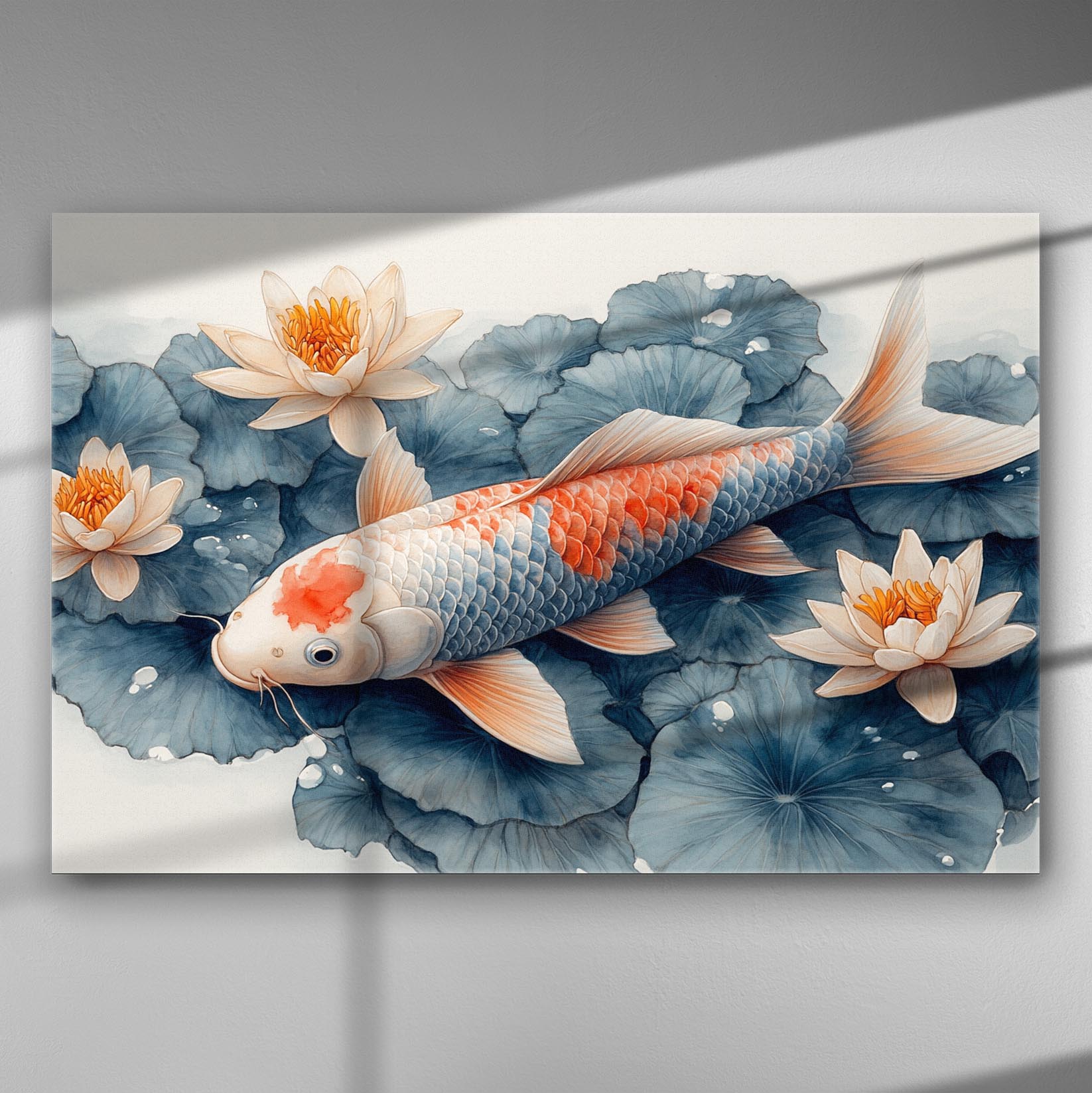 Serene Koi fish swimming among water lilies on a canvas print.