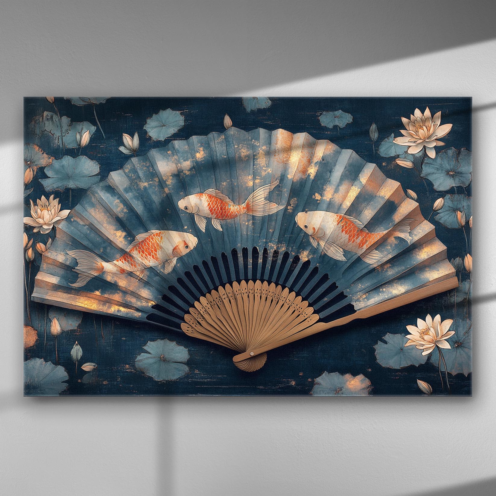 Canvas print of a traditional Japanese fan with koi fish and lotus flowers.