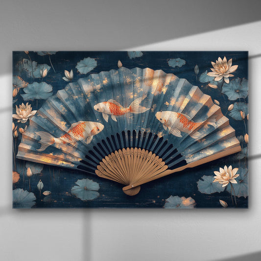Canvas print of a traditional Japanese fan with koi fish and lotus flowers.