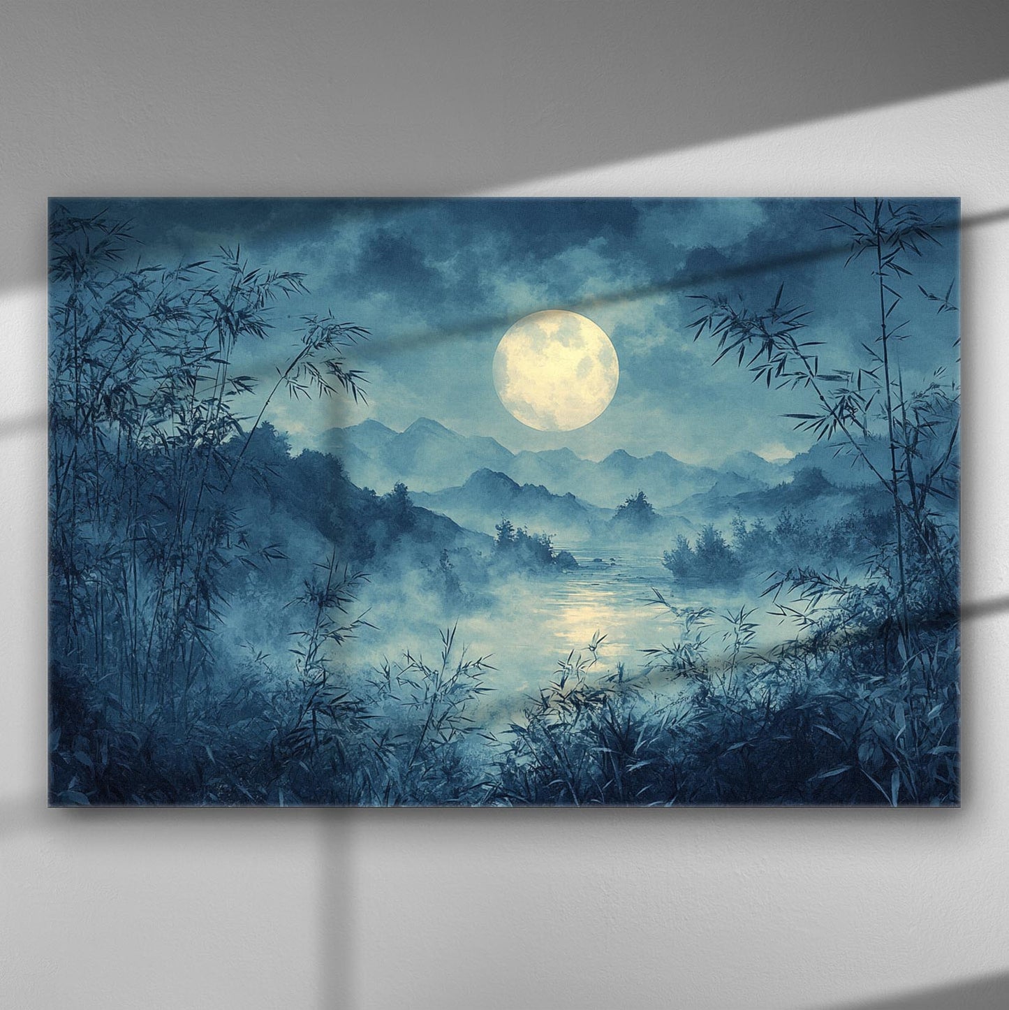 A serene landscape of a full moon illuminating a misty valley with trees and mountains.
