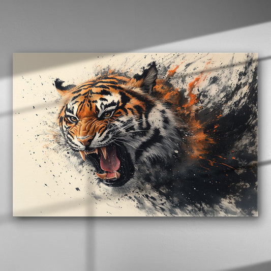 Vivid painting of a roaring tiger with dynamic splashes of color