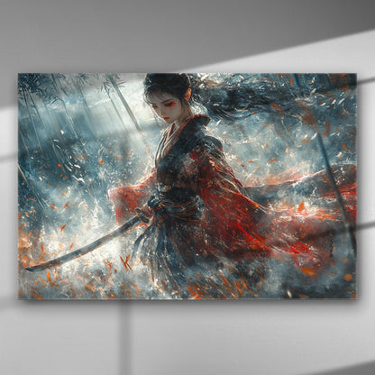 Artistic depiction of a warrior woman in a forest with vivid colors and dynamic brushstrokes.