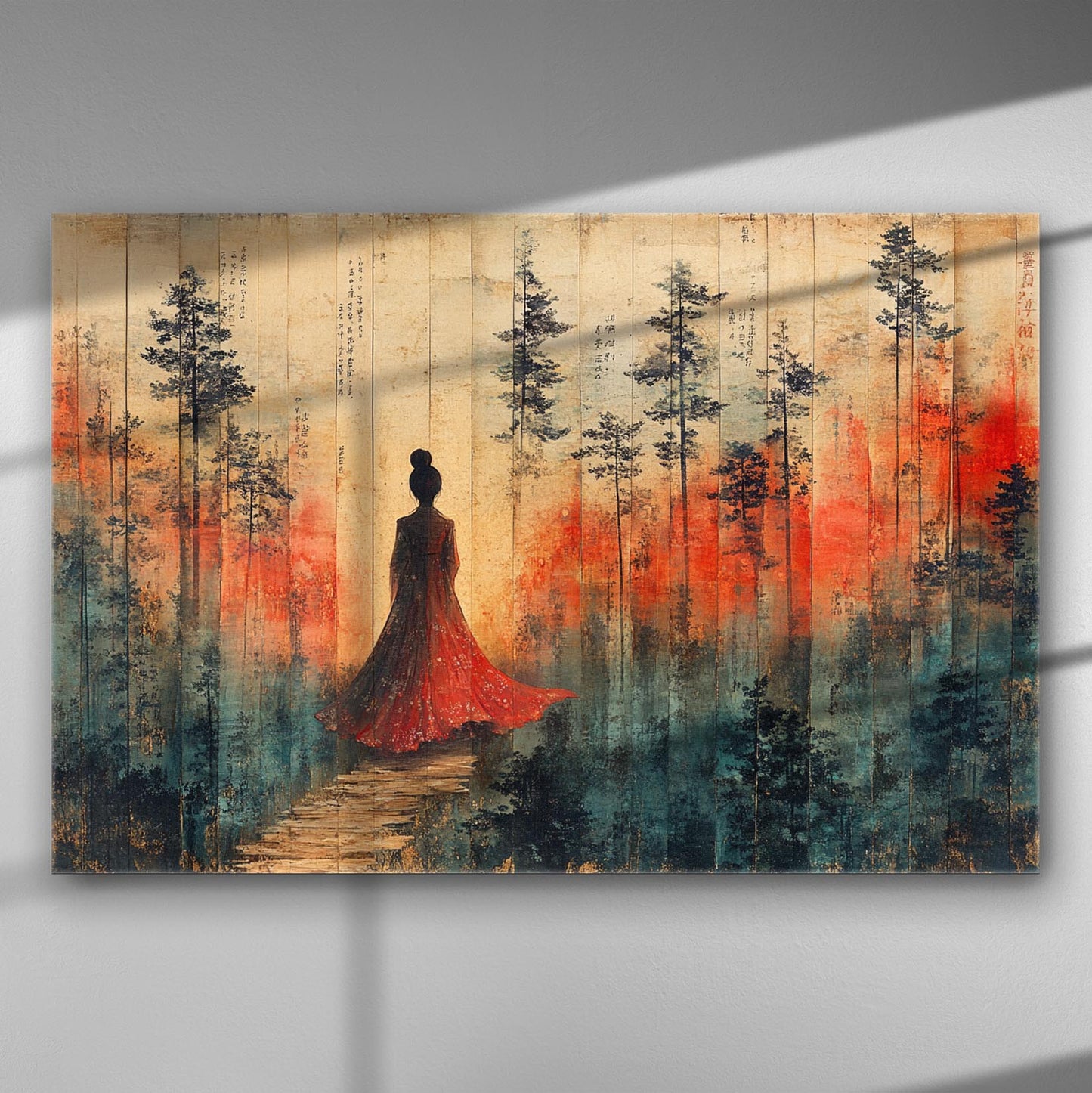 A canvas print depicting a figure in a red dress walking through a forest of tall trees with warm red and deep blue tones.
