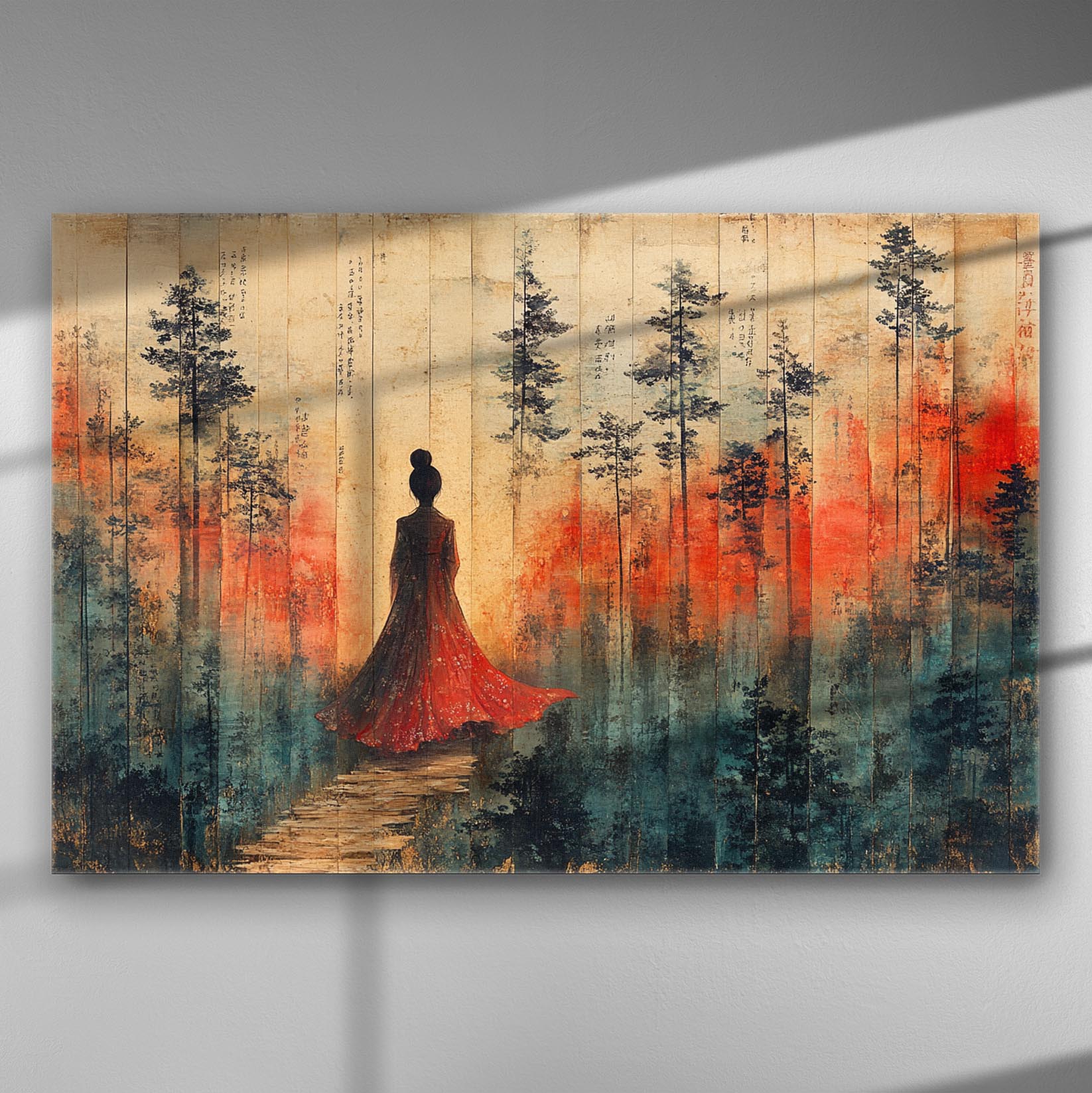 A canvas print depicting a figure in a red dress walking through a forest of tall trees with warm red and deep blue tones.