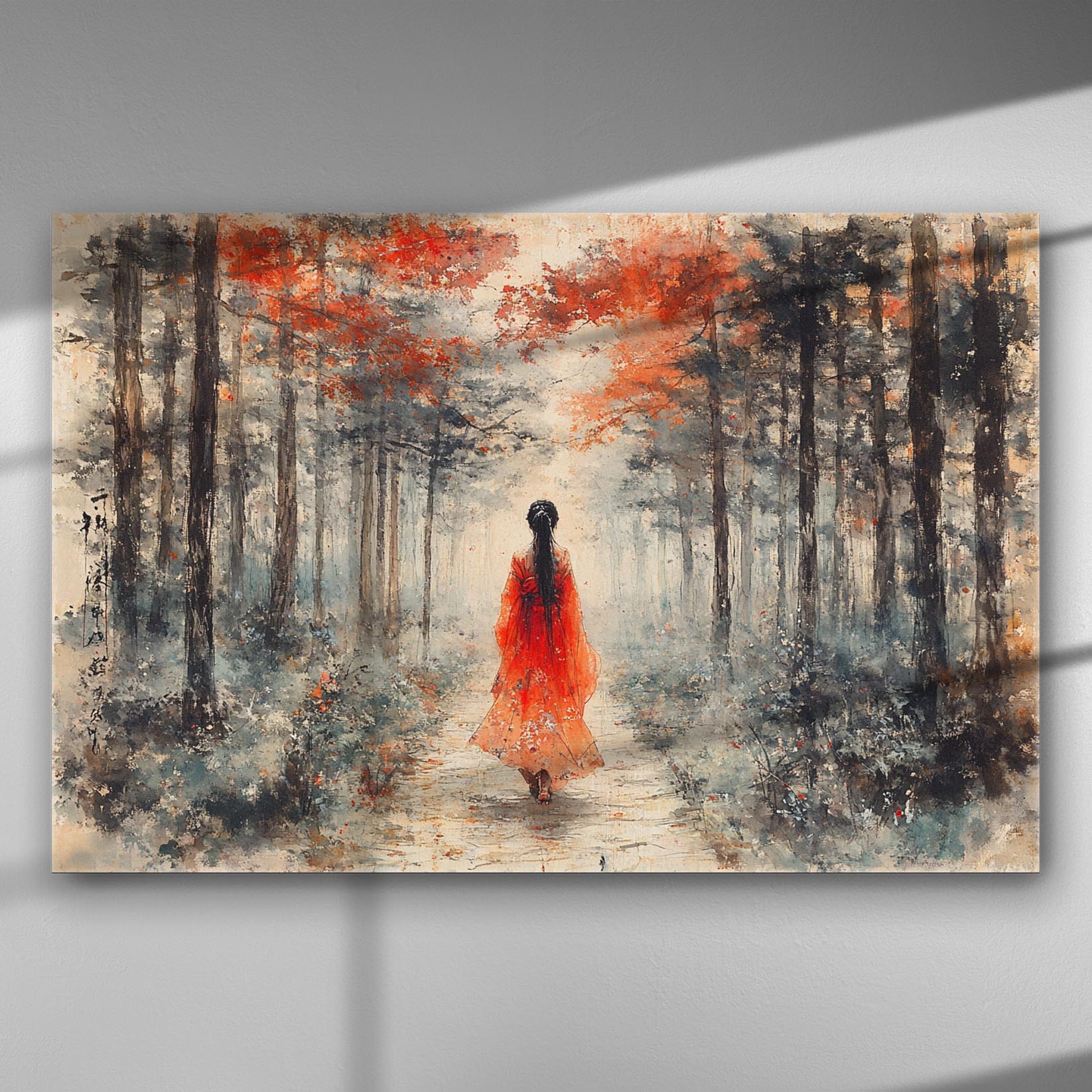 A woman in a red dress walking in an autumn forest canvas print.