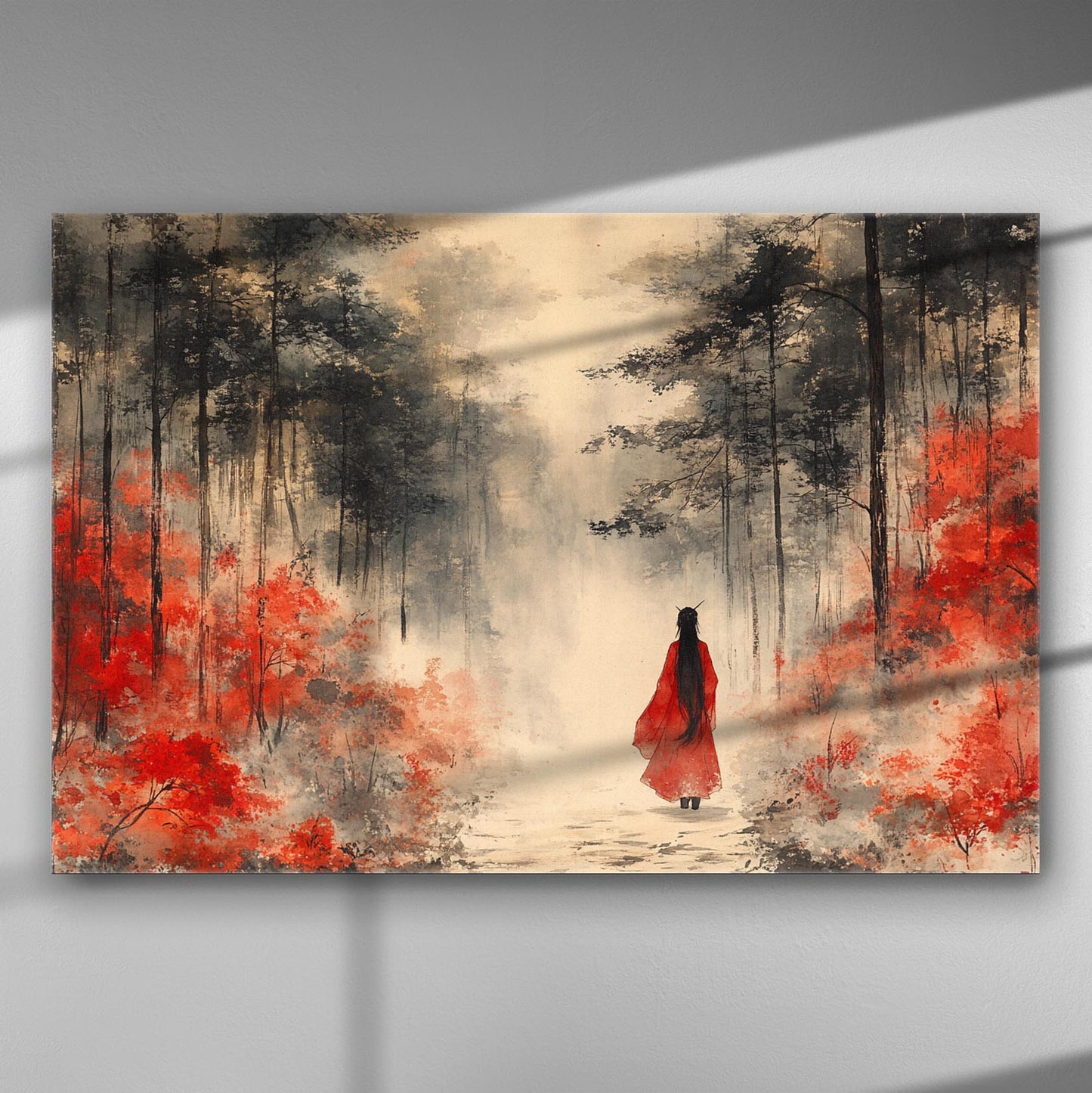 Misty forest with a lone figure in red walking through, surrounded by vibrant red trees.