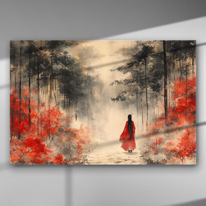 Misty forest with a lone figure in red walking through, surrounded by vibrant red trees.
