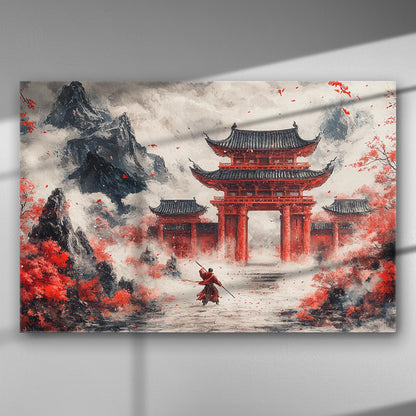 Traditional red gate with a warrior in a misty landscape on canvas.