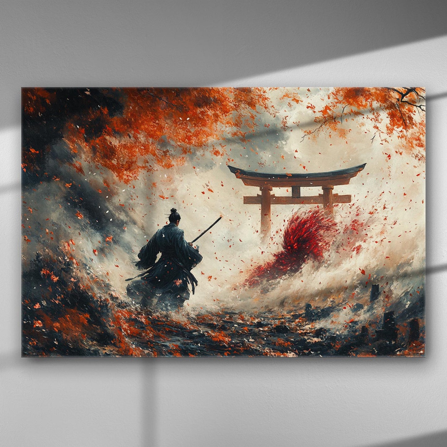 Samurai standing with sword under vibrant orange and red leaves, facing torii gate, dramatic scene with exploding waves.