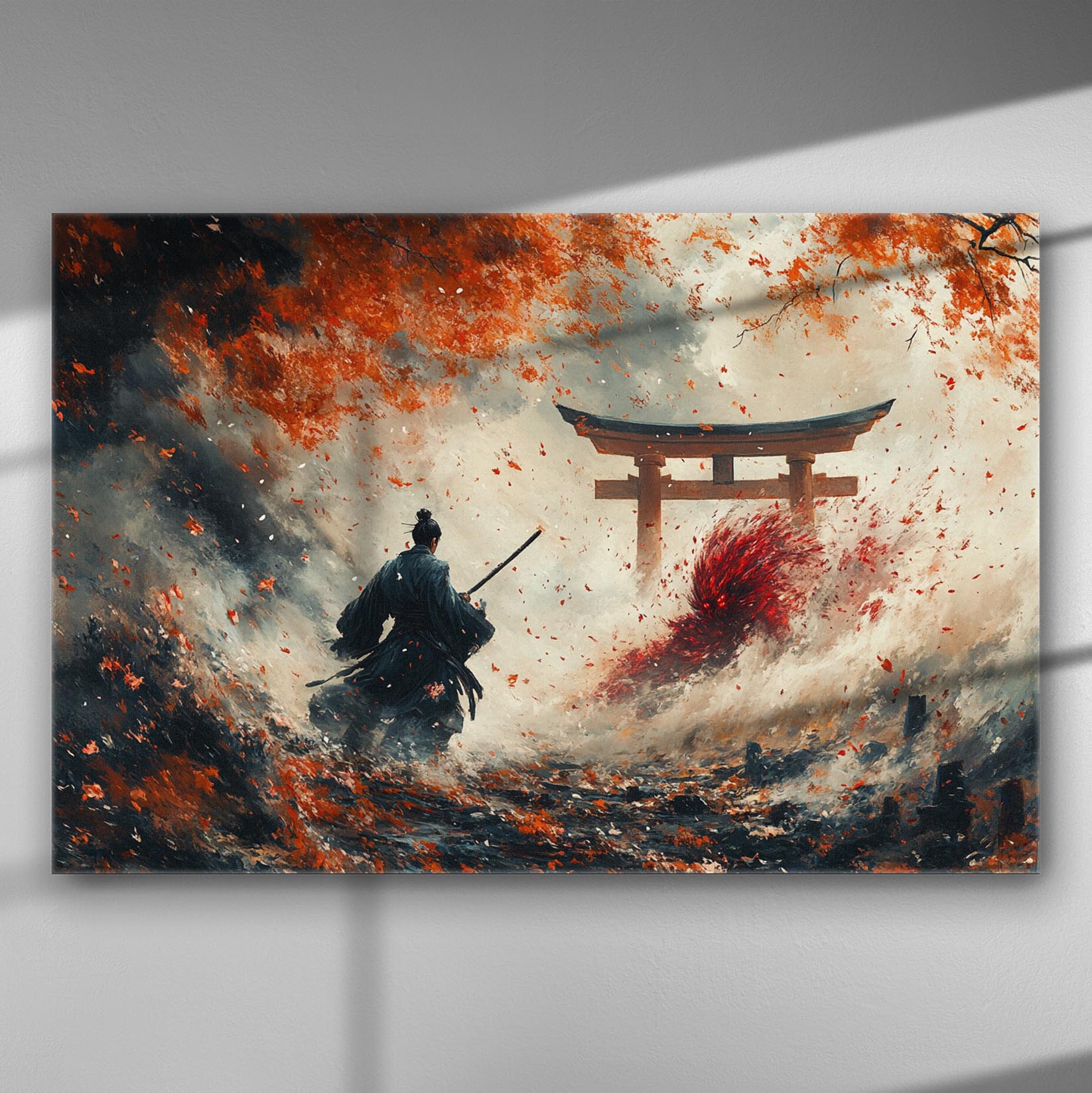 Samurai standing with sword under vibrant orange and red leaves, facing torii gate, dramatic scene with exploding waves.
