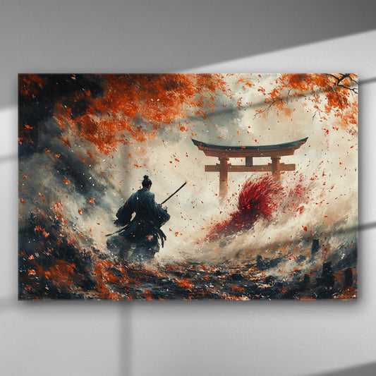 Samurai standing with sword under vibrant orange and red leaves, facing torii gate, dramatic scene with exploding waves.
