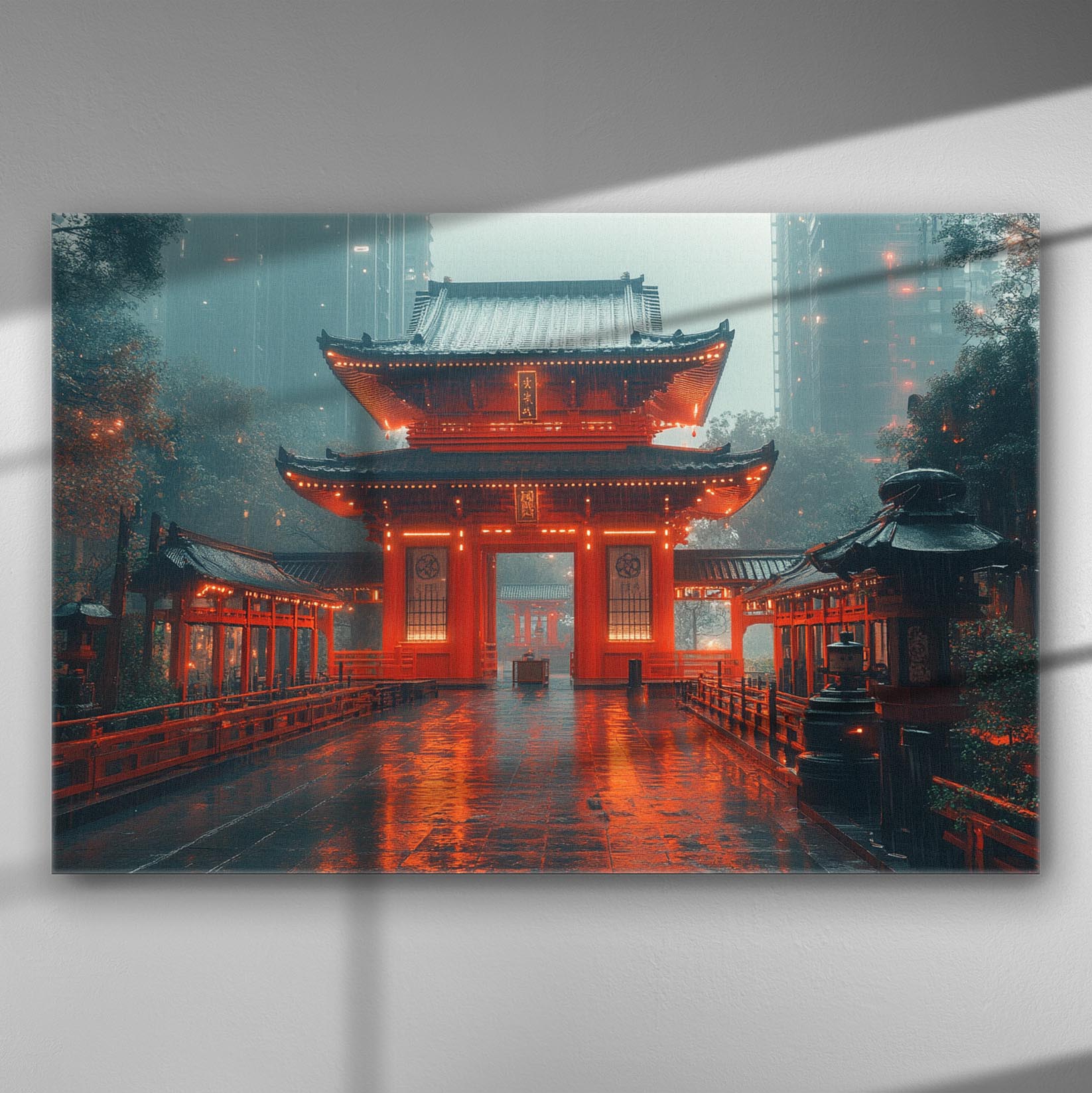Illuminated traditional temple at night with reflections on wet pavement in an atmospheric Eastern setting.