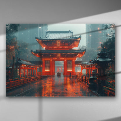 Illuminated traditional temple at night with reflections on wet pavement in an atmospheric Eastern setting.