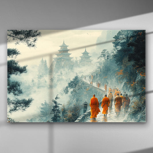 Scenic view of foggy mountains with temples and monks in orange robes walking along a path.