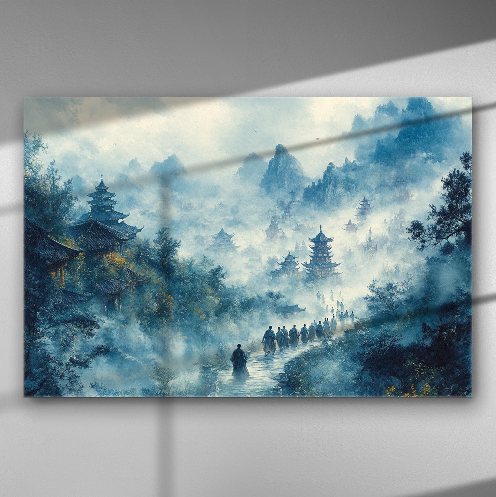 Misty landscape with ancient architecture and pagodas emerging from the fog, creating a serene and mystical atmosphere.