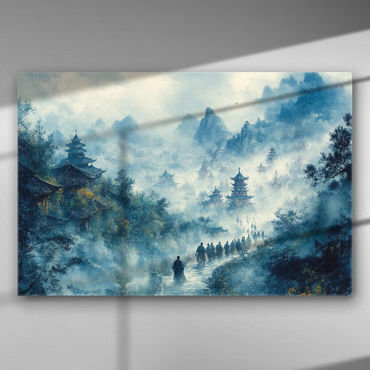 Misty landscape with ancient architecture and pagodas emerging from the fog, creating a serene and mystical atmosphere.