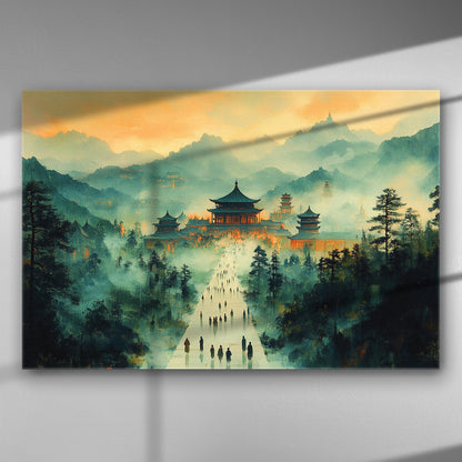 A mystical temple landscape surrounded by mist at dusk, perfect for canvas art.