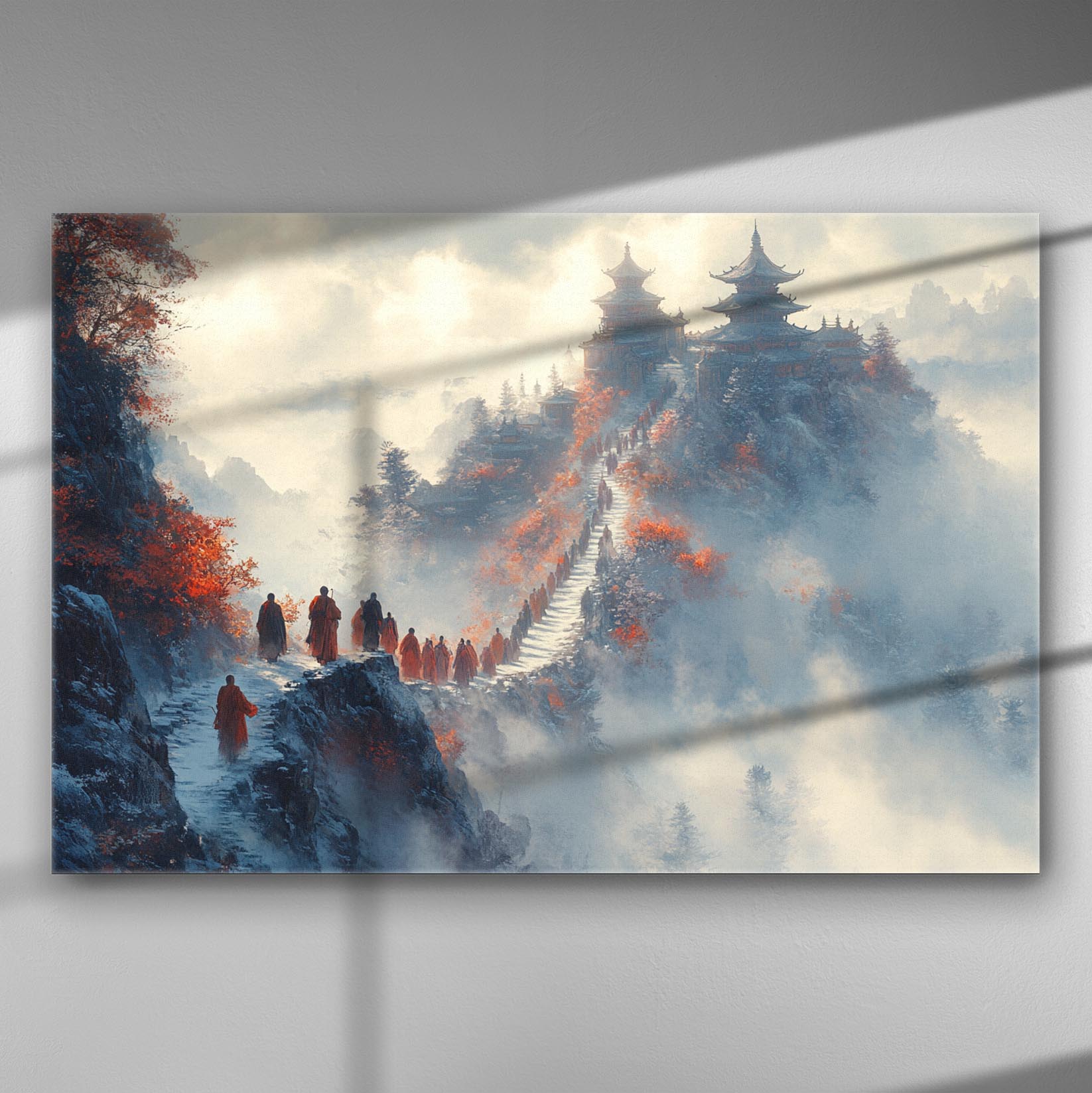 Monks walking up a misty path surrounded by red foliage towards an ancient temple.