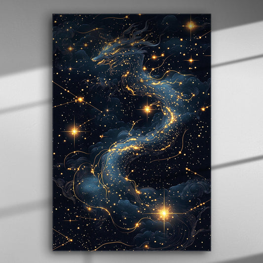 Canvas print of a celestial dragon intertwined with stars and constellations.