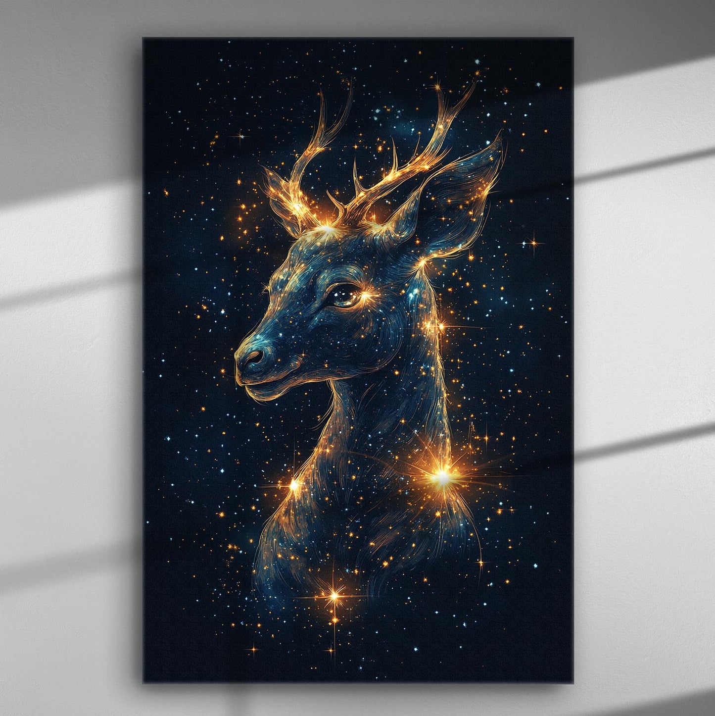 Magical deer made of stars on a dark cosmic background canvas