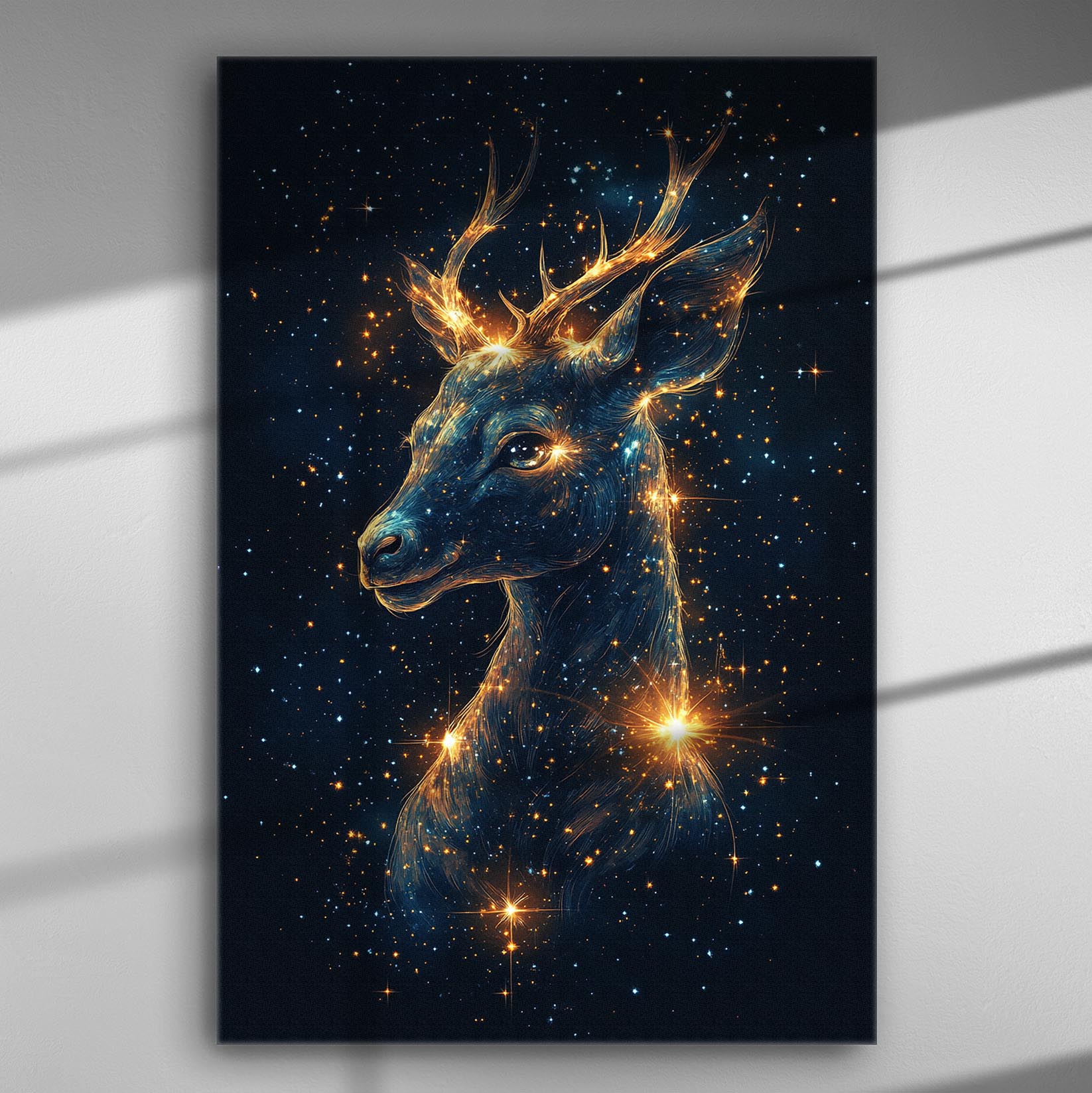 Magical deer made of stars on a dark cosmic background canvas