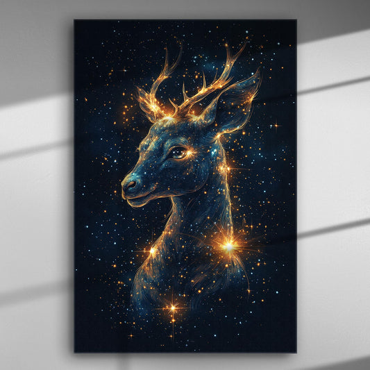 Magical deer made of stars on a dark cosmic background canvas