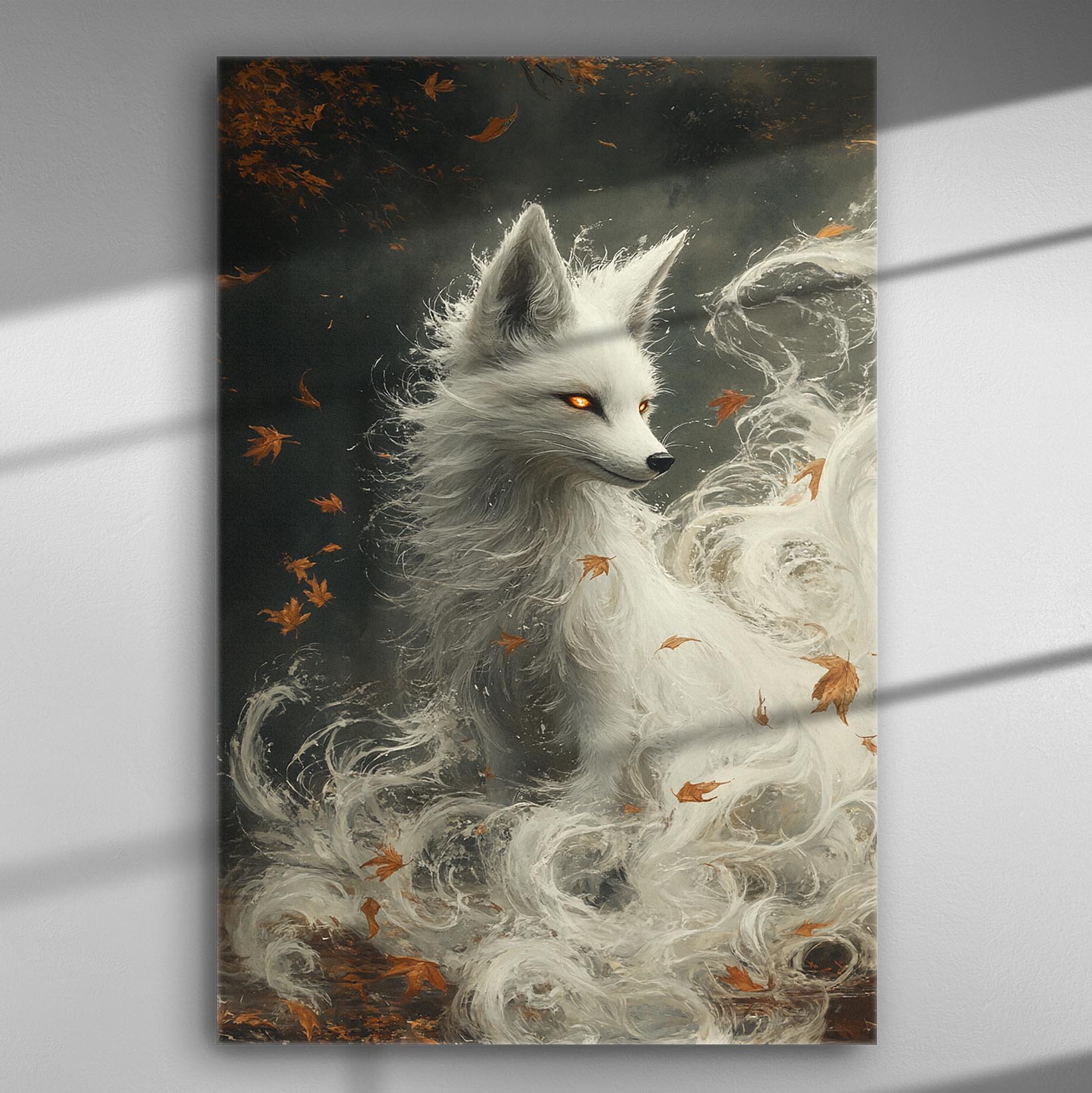 A mystical white fox with glowing eyes and flowing fur surrounded by falling leaves.