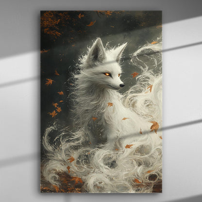 A mystical white fox with glowing eyes and flowing fur surrounded by falling leaves.