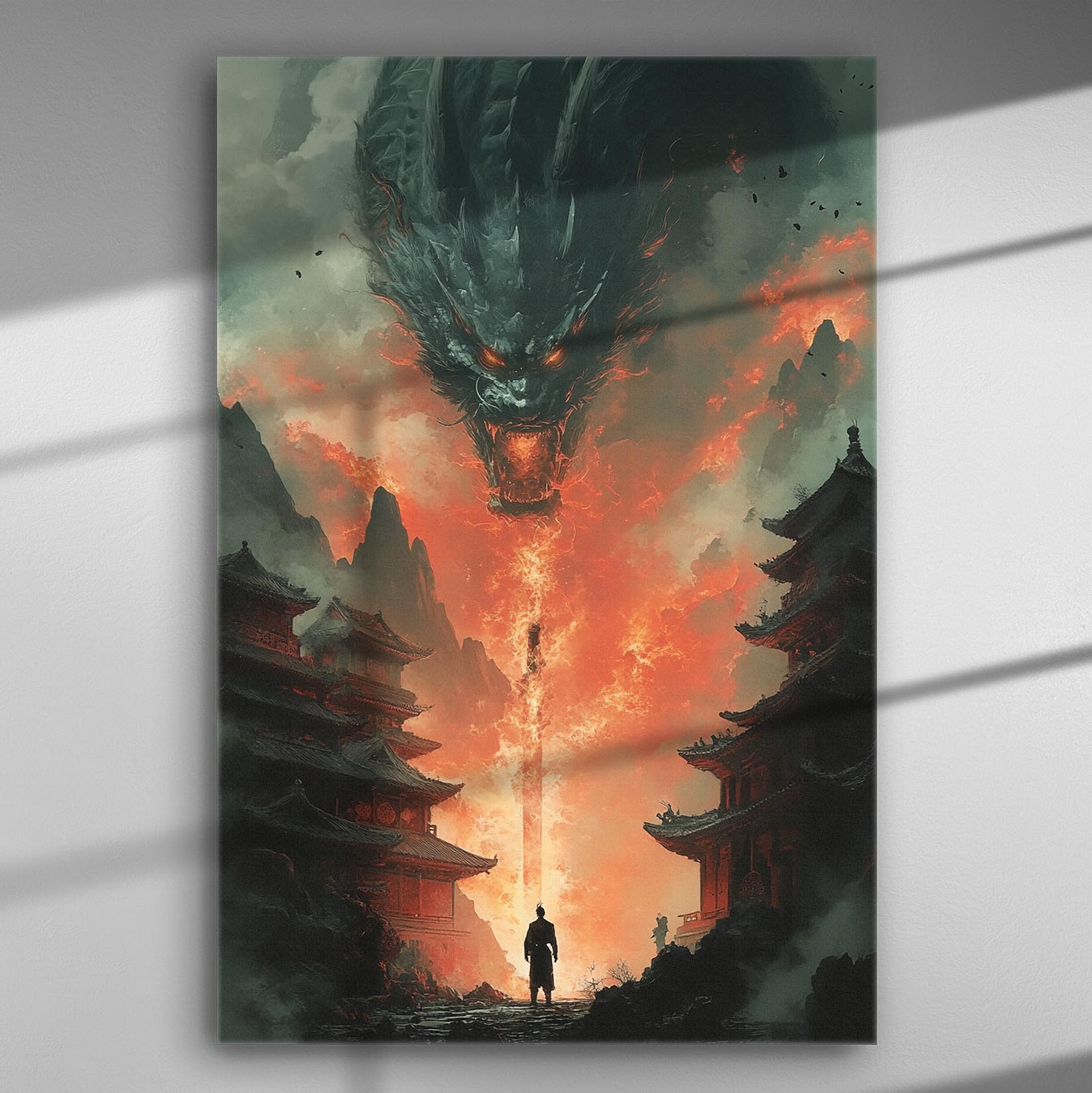 A mythical dragon breathing fire above eastern-style architecture in a dramatic fantasy scene.