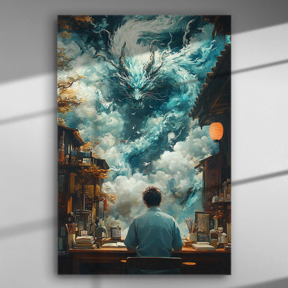 A mystical scene with a dragon emerging from clouds seen from an artist's perspective.