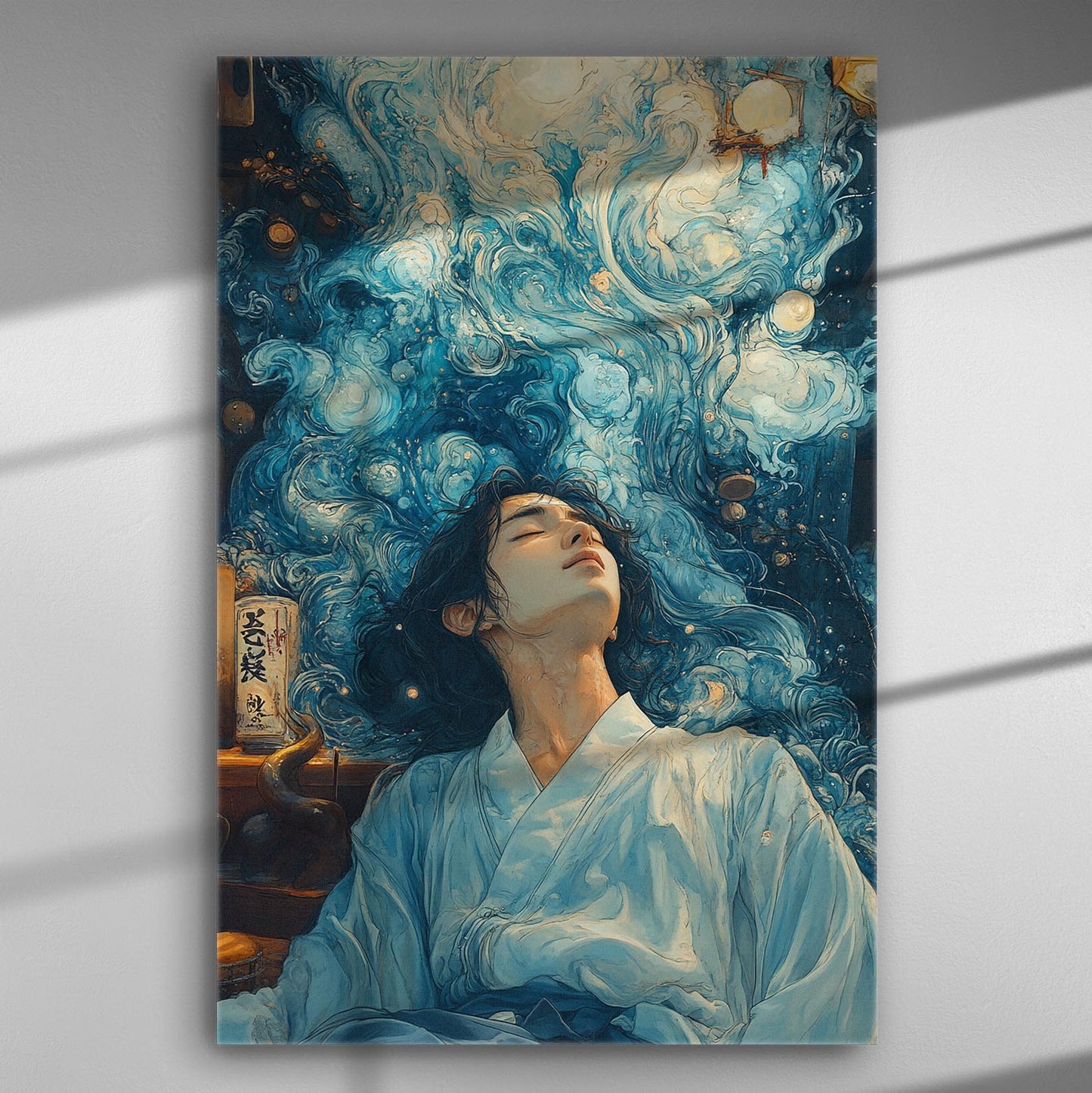 Artistic depiction of a person surrounded by flowing blue and white streams, evoking serenity and dream-like tranquility.