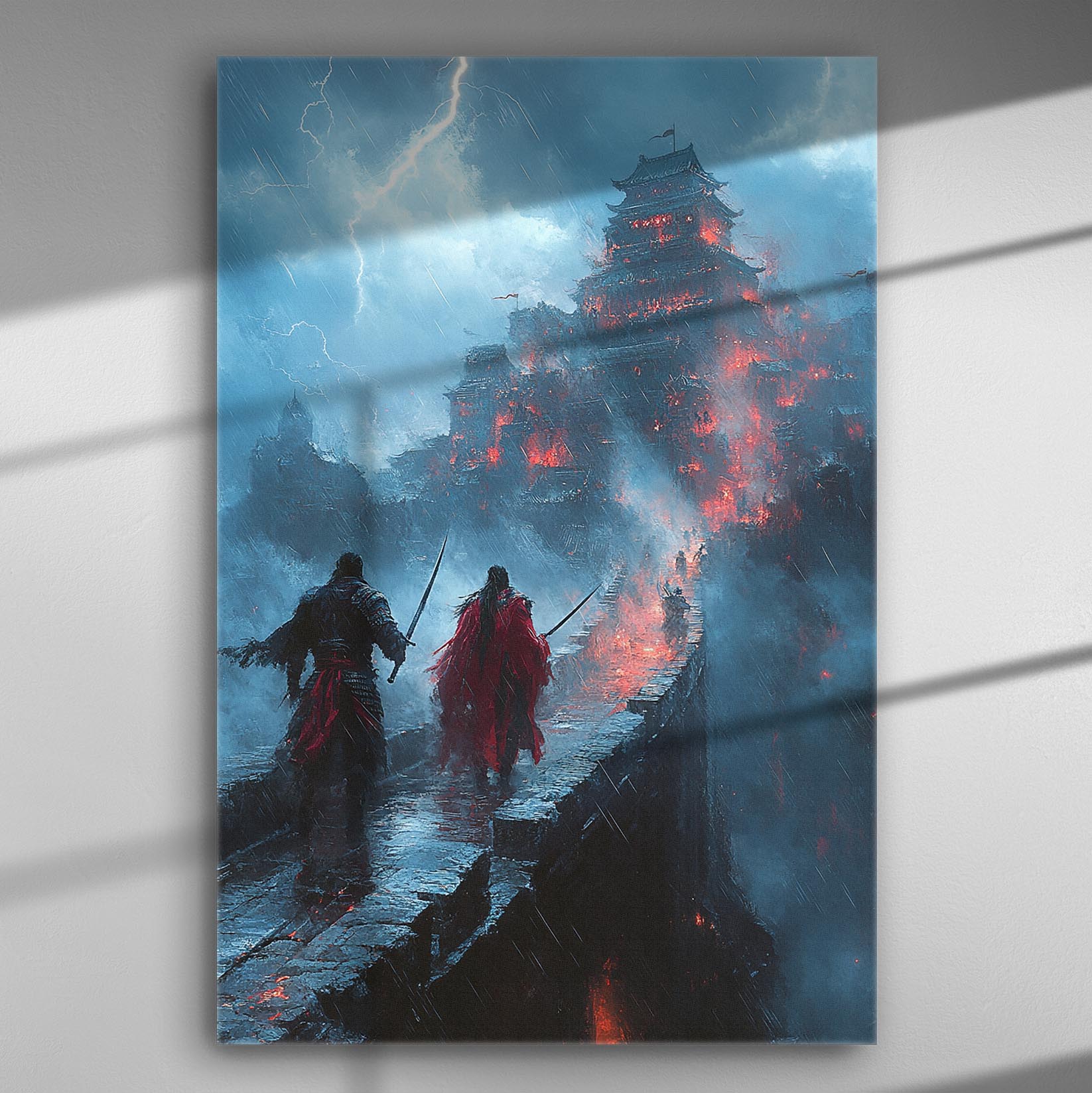 Samurai warriors walking towards a burning fortress under stormy skies.