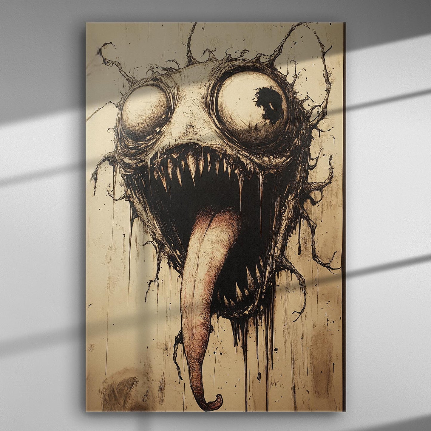 Terrifying artistic canvas print depicting a horrific face with large eyes and a creepy tongue on a wall.
