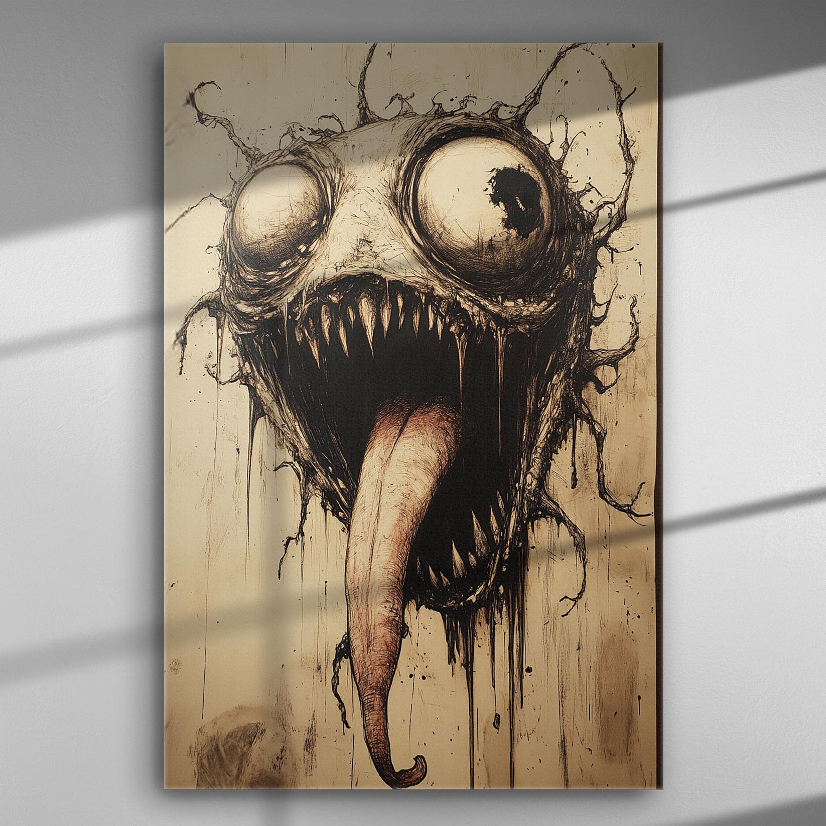 Terrifying artistic canvas print depicting a horrific face with large eyes and a creepy tongue on a wall.