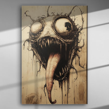 Terrifying artistic canvas print depicting a horrific face with large eyes and a creepy tongue on a wall.